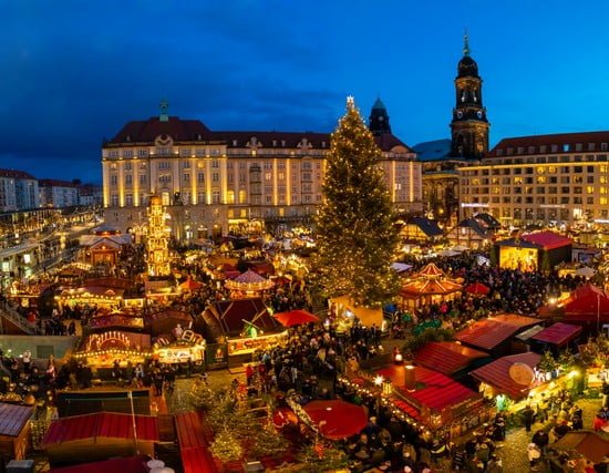 People visit Christmas Market Striezelmarkt in Dresden, Germany