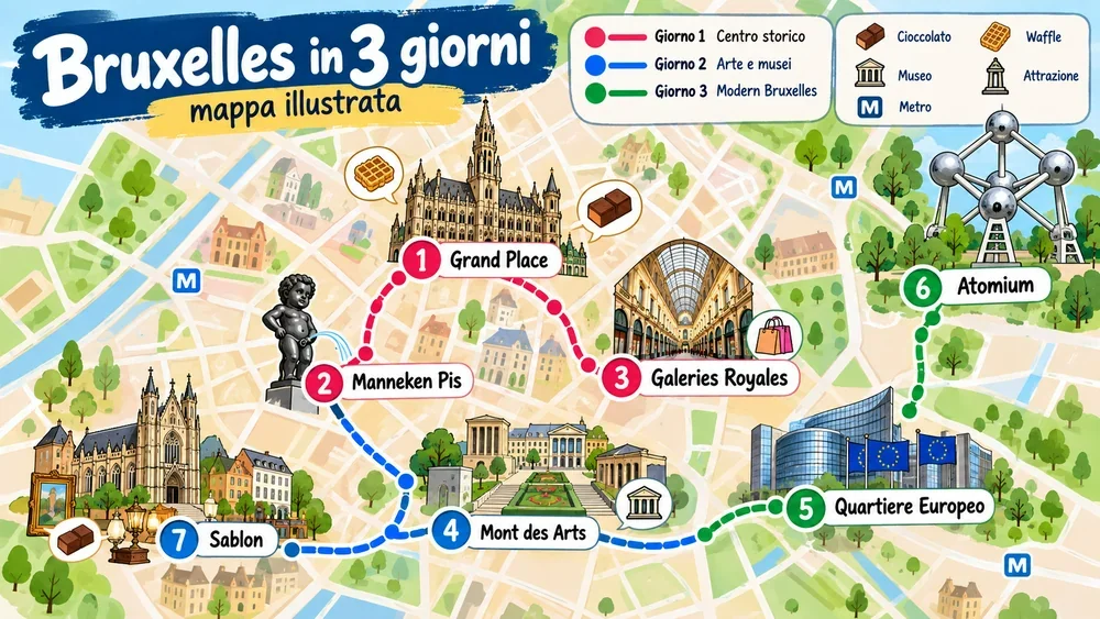 Mappa illustrata dell’itinerario: Bruxelles Itinerario 3 Giorni