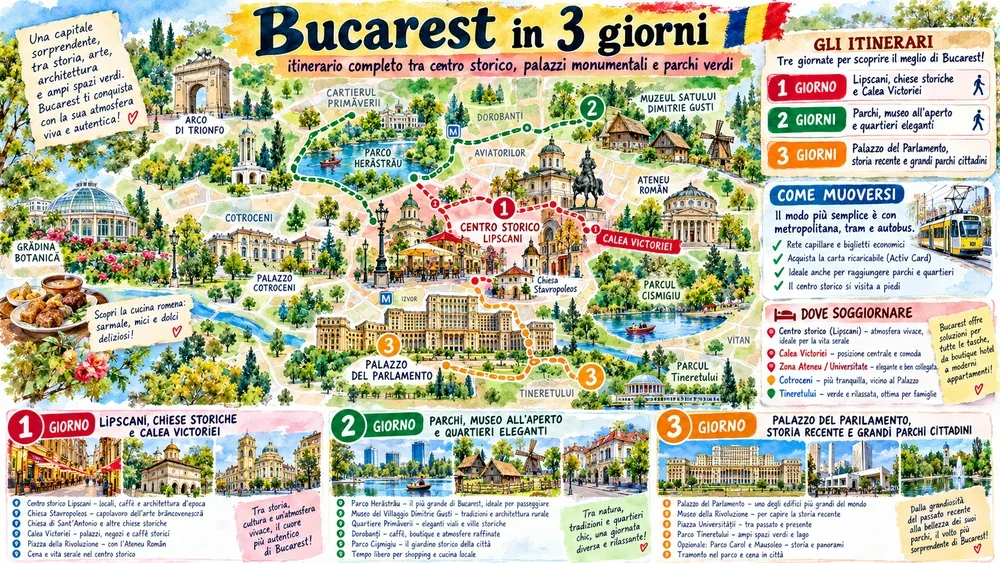 Mappa illustrata dell’itinerario: Bucarest Itinerario 3 Giorni