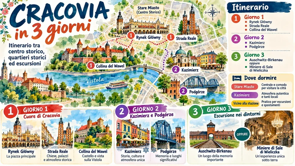 Mappa illustrata dell’itinerario: Cracovia Itinerario 3 Giorni