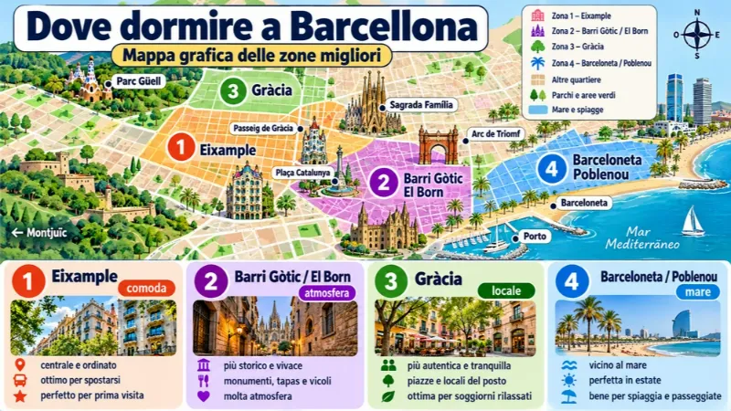 Mappa delle zone consigliate per dormire: Barcellona
