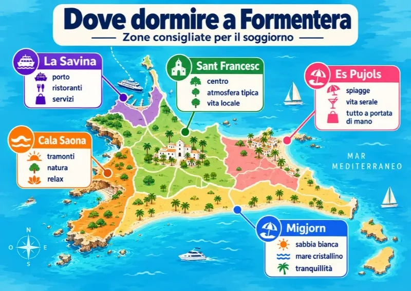 Mappa delle zone consigliate per dormire: Formentera