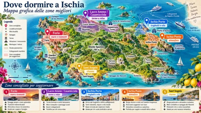 Mappa delle zone consigliate per dormire: Ischia