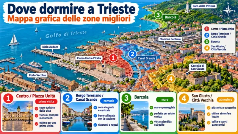Mappa delle zone consigliate per dormire: Trieste