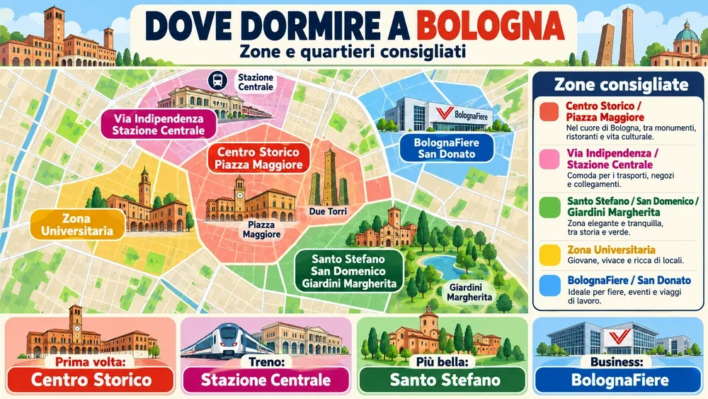 Mappa delle zone consigliate per dormire: Bologna