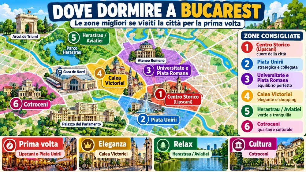Mappa delle zone consigliate per dormire: Bucarest