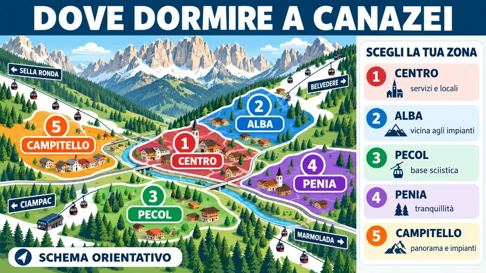 Mappa delle zone consigliate per dormire: Canazei