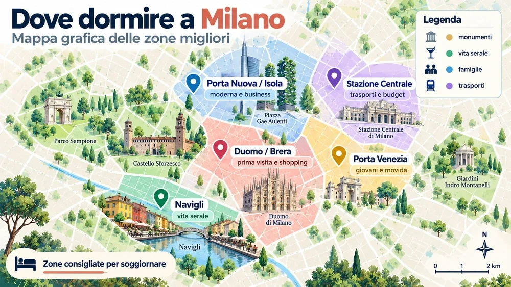 Mappa delle zone consigliate per dormire: Milano