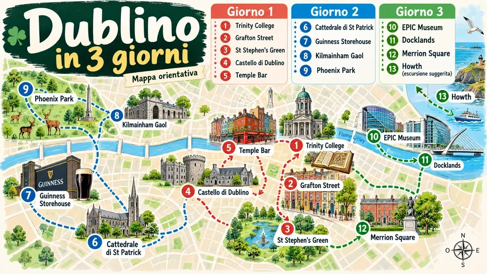 Mappa illustrata dell’itinerario: Dublino Itinerario 3 Giorni