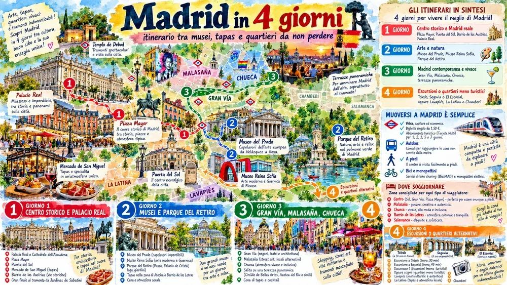 Mappa illustrata dell’itinerario: Madrid Itinerario 4 Giorni