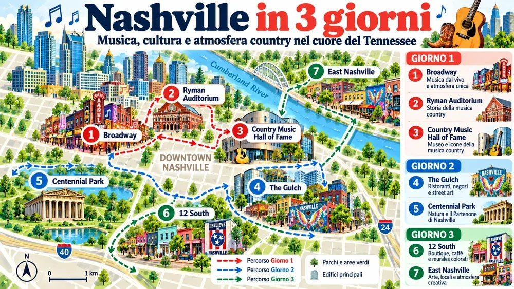 Mappa illustrata dell’itinerario: Nashville Itinerario 3 Giorni