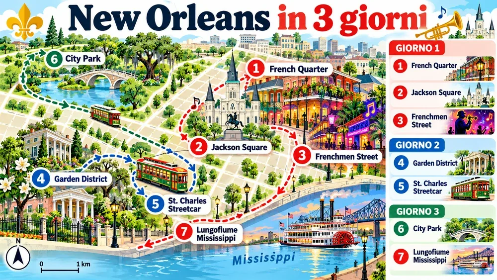 Mappa illustrata dell’itinerario: New Orleans Itinerario 3 Giorni