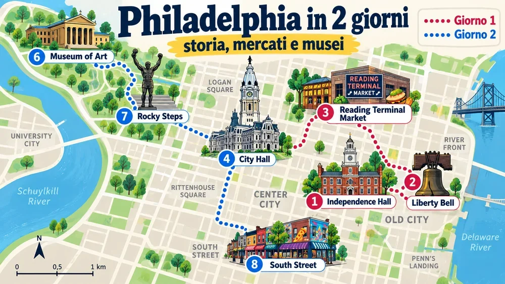 Mappa illustrata dell’itinerario: Philadelphia Itinerario 2 Giorni
