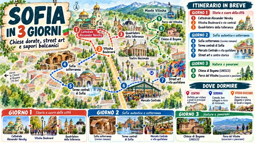 Mappa illustrata dell’itinerario: Sofia Itinerario 3 Giorni