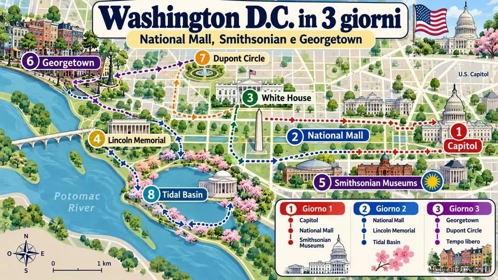 Mappa illustrata dell’itinerario: Washington d C Itinerario 3 Giorni